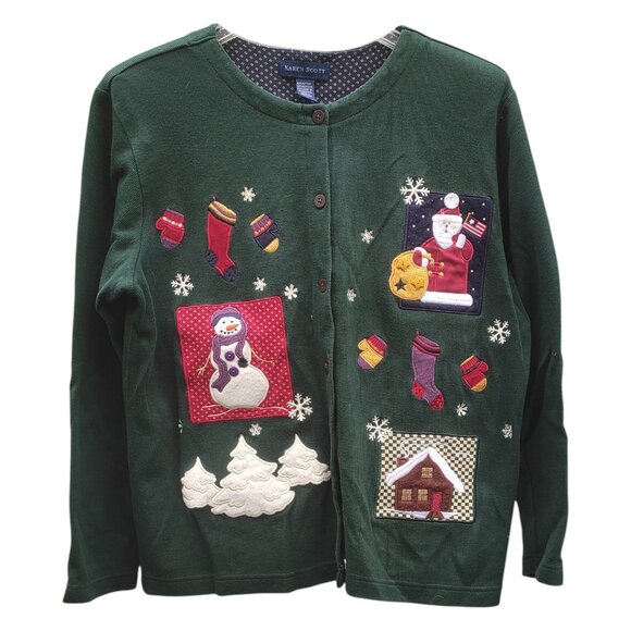 Vintage Karen Scott Green Christmas Sweater Santa Snowman Size Medium 3/4 Sleeve - Picture 1 of 10